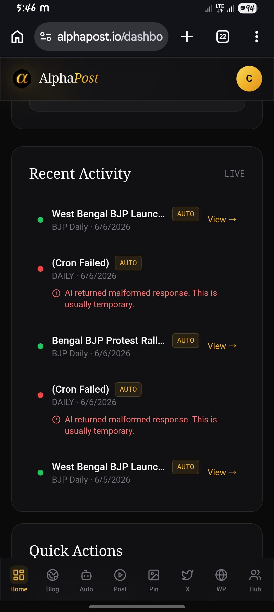 (Cron Failed) Auto DAILY · 6/6/2026 AI returned malformed response. This is usually temporary.